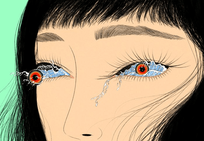 Illustration of a face with ocean waves and red irises in the eyes, tears falling. Credited to Miki Kim.